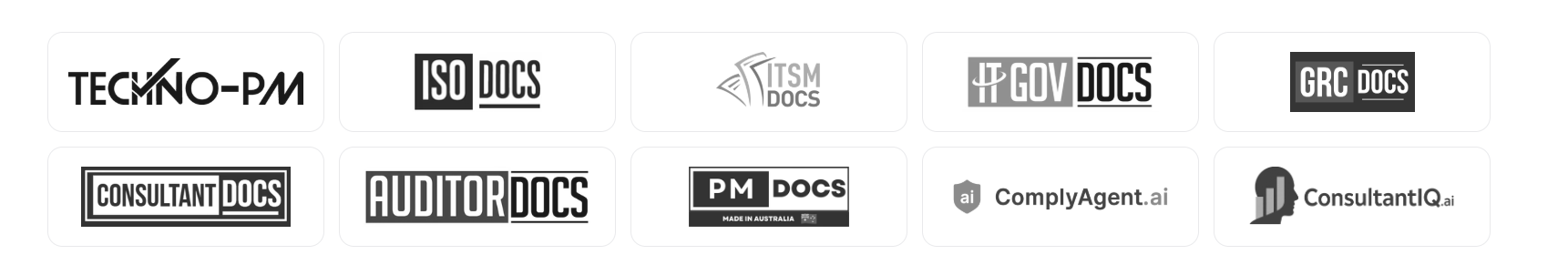 Brand family: Techno-PM, ISO Docs, ITSM Docs, IT Gov Docs, GRC Docs, Consultant Docs, Auditor Docs, PM Docs, ComplyAgent.ai, ConsultantIQ.ai