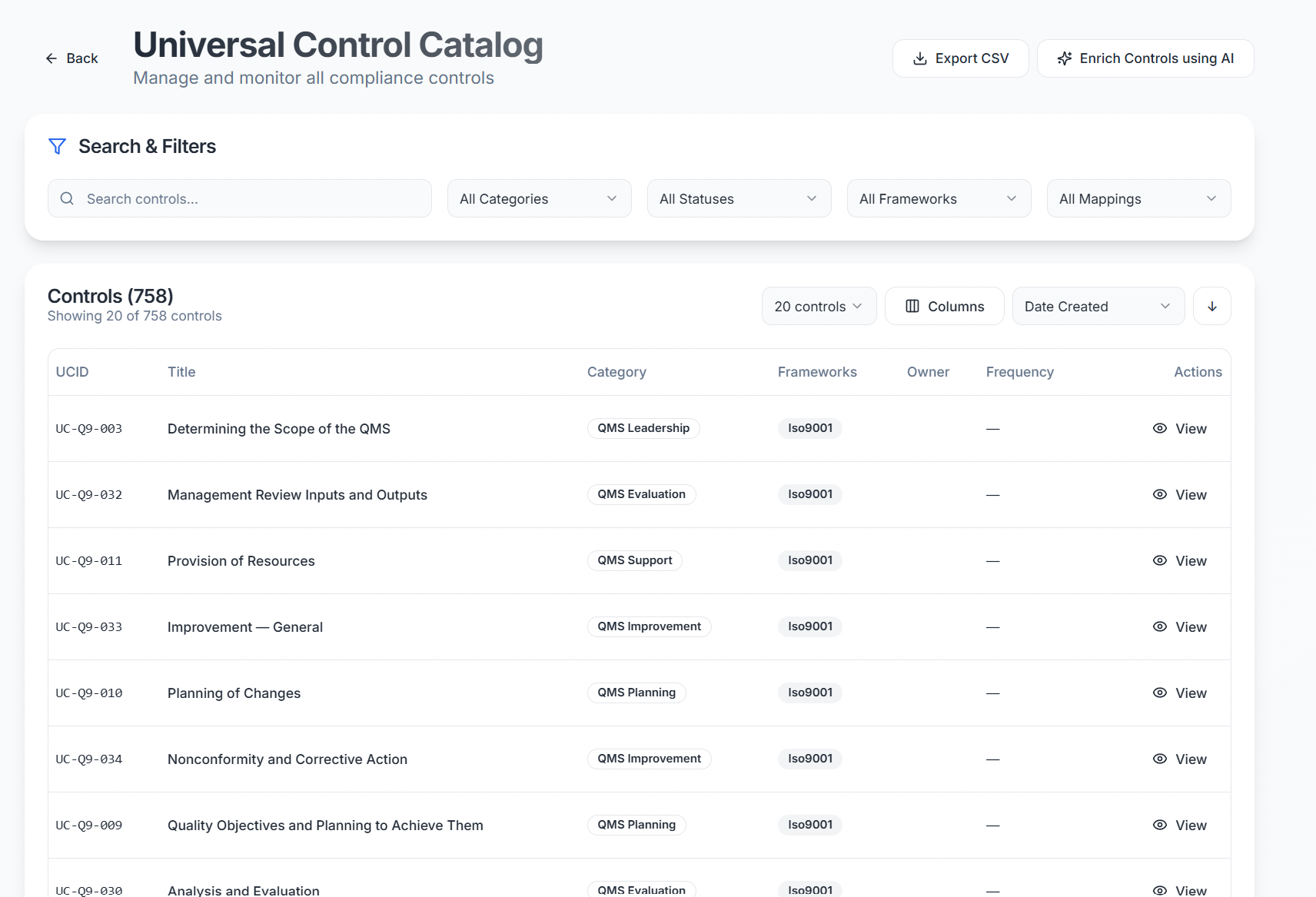 ComplyAgent universal control catalog listing mapped compliance controls