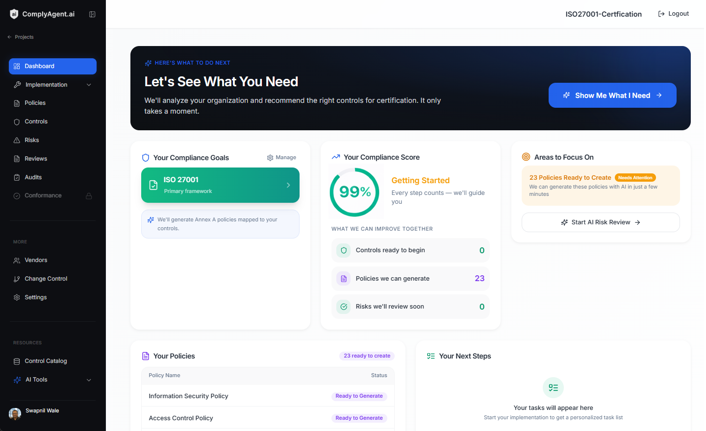 ComplyAgent FastTrack dashboard showing compliance goals, score and next steps