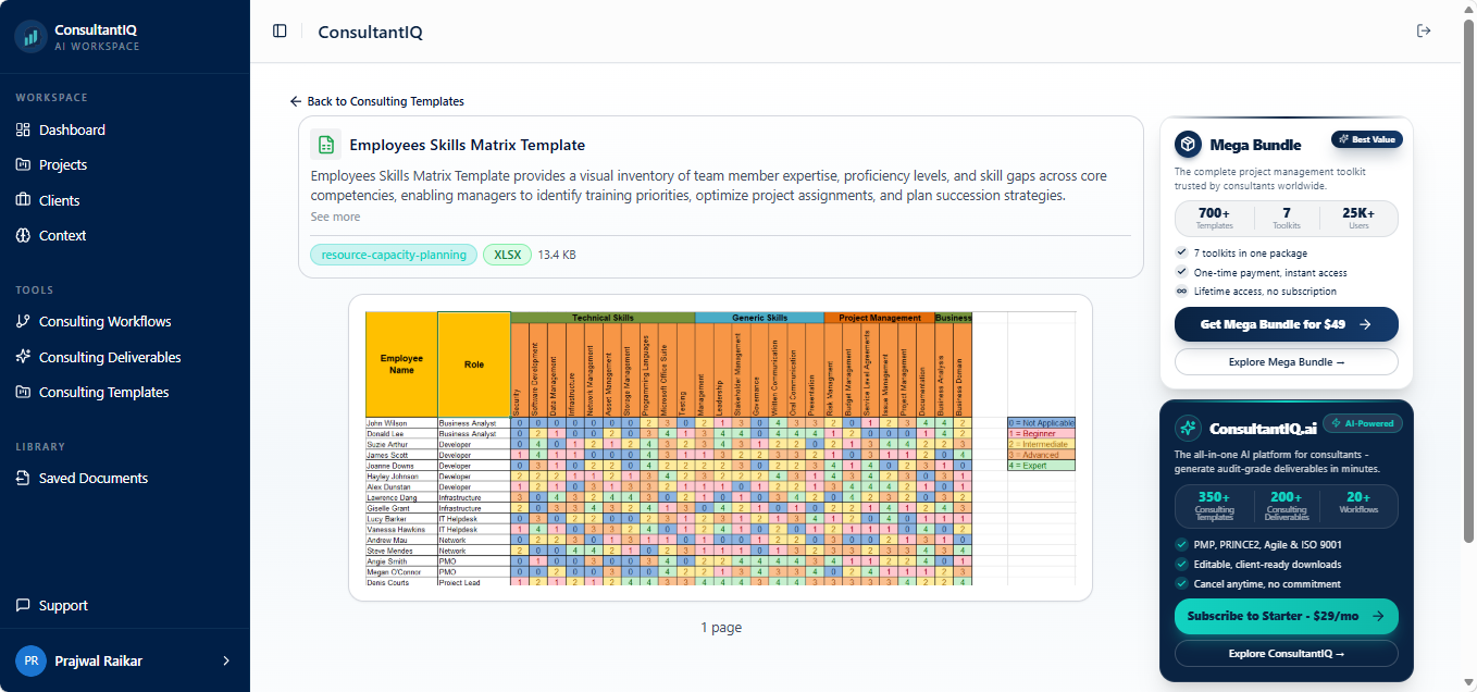 ConsultantIQ template — Employees Skills Matrix