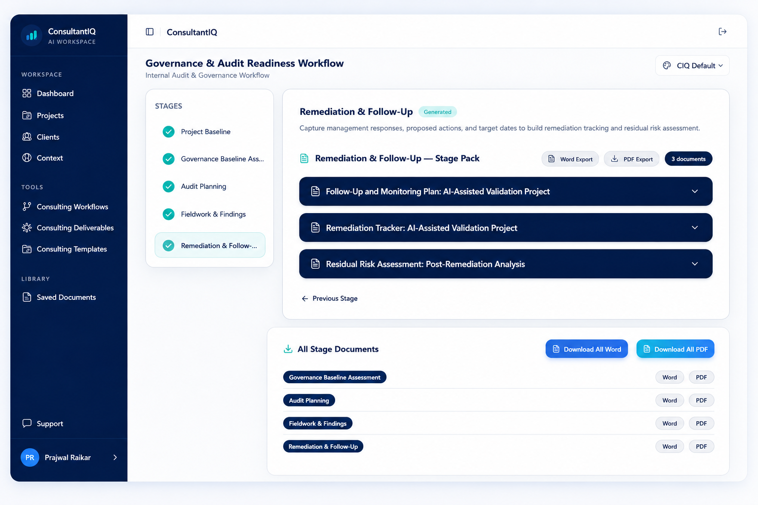 ConsultantIQ workflow — Governance & Audit Readiness Remediation stage