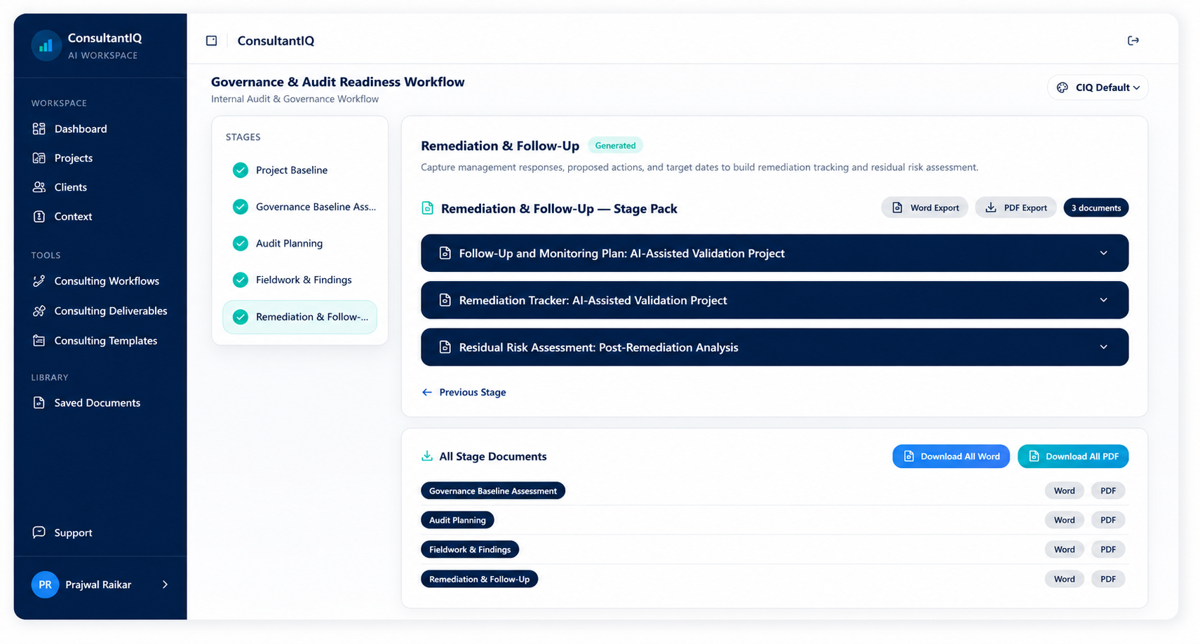 ConsultantIQ workflow — Internal Audit Remediation & Follow-Up stage