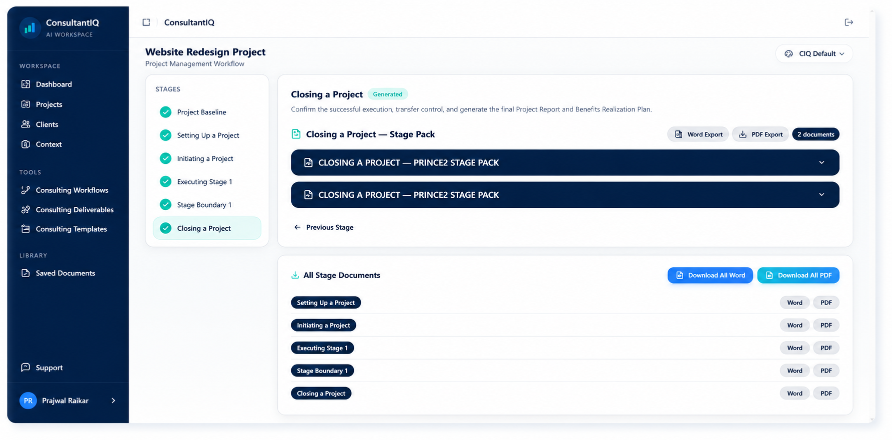 ConsultantIQ workflow — PRINCE2 Website Redesign Closing a Project stage
